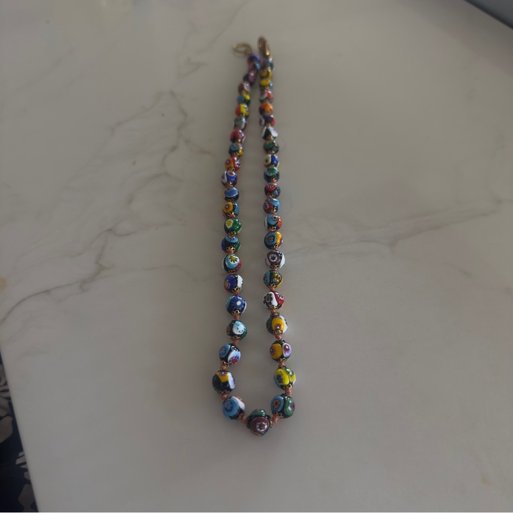 Hand-Knotted Millefiori Floral Glass Bead Necklace Boho